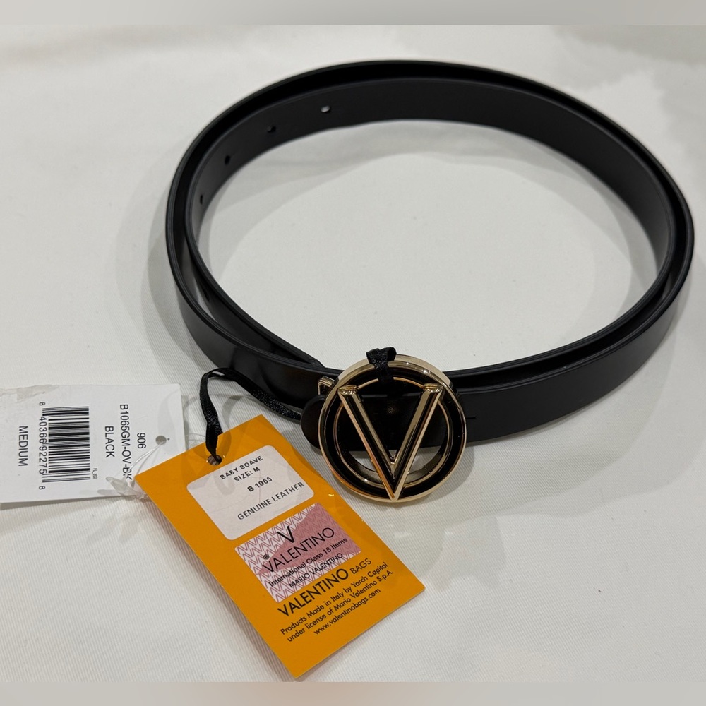 Mario Valentino Black Leather Belt with Gold Buckle